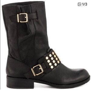Jessica Simpson Skylar Black Leather Moto Boots with Gold Hardware Sz 8